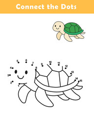 Dot to Dot Worksheet for Kids. Connect the dots to draw a cute turtle. Illustration of turtle. Coloring page.	