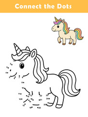 Dot to Dot Worksheet for Kids. Connect the dots to draw a cute unicorn. Illustration of unicorn. Coloring page.	