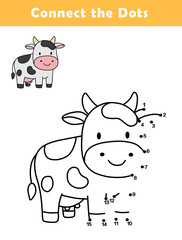 Dot to Dot Worksheet for Kids. Connect the dots to draw a cute cow. Illustration of cow. Coloring page.	