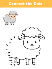 Dot to Dot Worksheet for Kids. Connect the dots to draw a cute sheep. Illustration of sheep. Coloring page.	