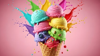 Melting ice cream cone with colorful splash