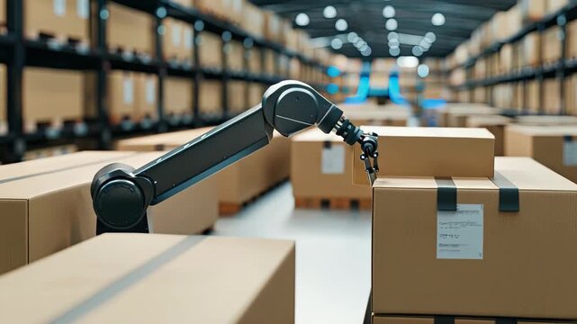 Robotic technology efficiently sorts and moves parcels in a modern warehouse filled with stacked boxes during operational hours