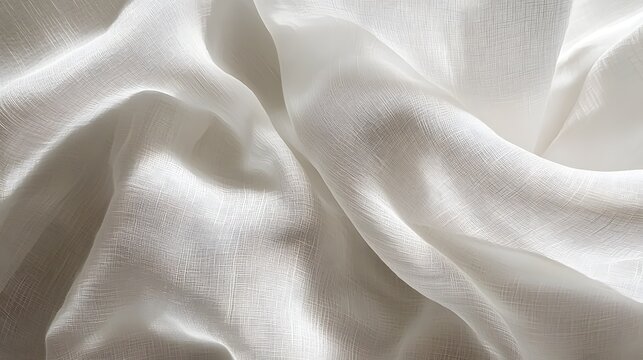 Crumpled white muslin fabric background showing soft organic folds, shadows, and detailed cotton gauze texture.