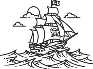 Pirate ship sailing on the ocean waves with a skull flag