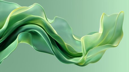 Abstract green ribbons with translucent fabric-like texture flowing across a gradient background, evoking organic motion and natural elegance in a digital composition. 