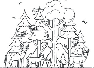 Whimsical forest scene with deer and trees for kids coloring book