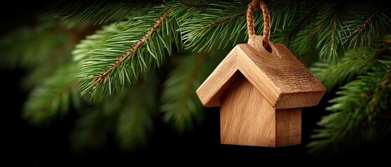 A charming ceramic house decoration is suspended from a Christmas tree, sharing the spotlight with sparkling lights and shiny ornaments