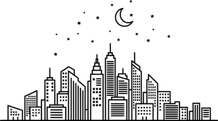 A serene cityscape at night with a crescent moon and stars