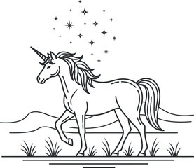 A beautiful unicorn standing in a serene landscape with sparkling stars