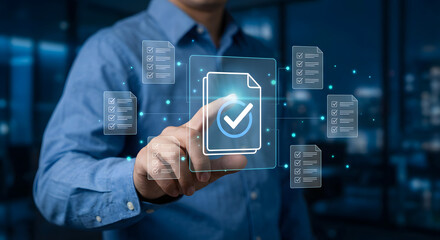 Futuristic digital interface with document verification and checklists in a professional office environment