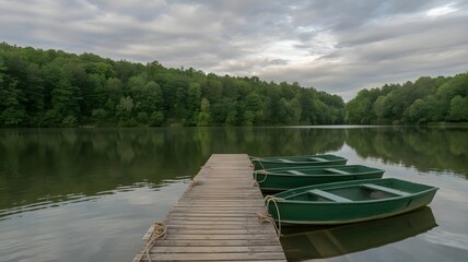 Obraz premium Serene lake scene with green boats on wooden dock surrounded by lush trees