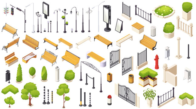 Collection of isometric urban design elements including benches, lights, fences, and trees on white background. Concept of city park layout. Vector illustration