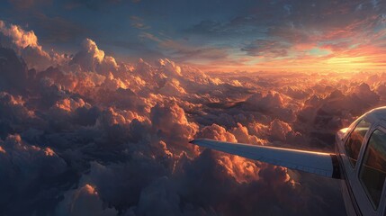 Plane flying during sunset through clouds illuminated by a vibrant orange and pink sky