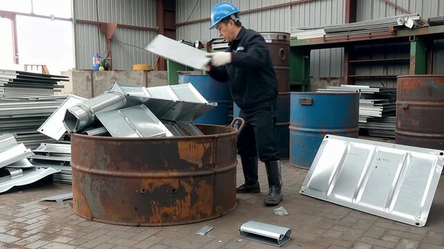 Recycling worker sorting metal scraps in a warehouse environment for processing.