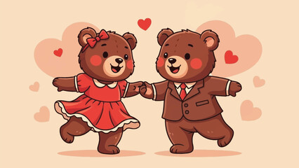 Cute cartoon bears dance together on Valentine's Day with hearts