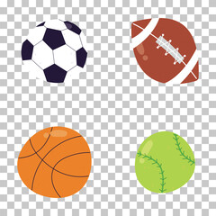Obraz premium Sports balls including soccer, American football, basketball, and softball on a transparent background.