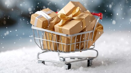 A shopping cart holds several beautifully wrapped gifts on a shiny surface as dark clouds gather overhead
