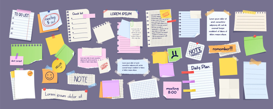 Collection of colorful paper notes, memos, and daily planners in a hand-drawn cartoon style on a dark background. Concept of reminders and organization. Vector illustration
