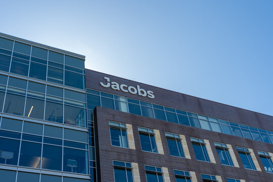 Houston, Texas, USA - April 13, 2024: Close up of Jacobs sign at their office in Houston, Texas, USA. Jacobs Solutions Inc. is an American international technical professional services firm. 