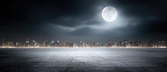 A serene road lined with trees leads to a glowing city skyline under a bright full moon, creating a peaceful nighttime atmosphere