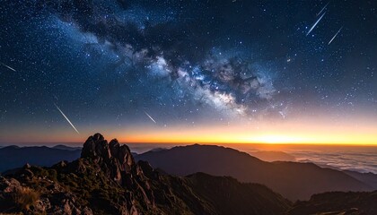 sunset with beautiful falling meteors