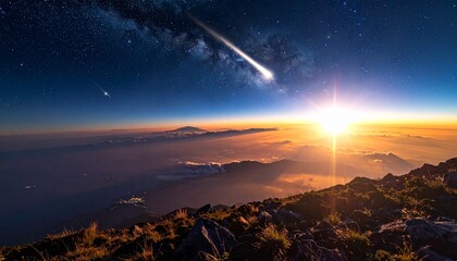 sunset with beautiful falling meteors