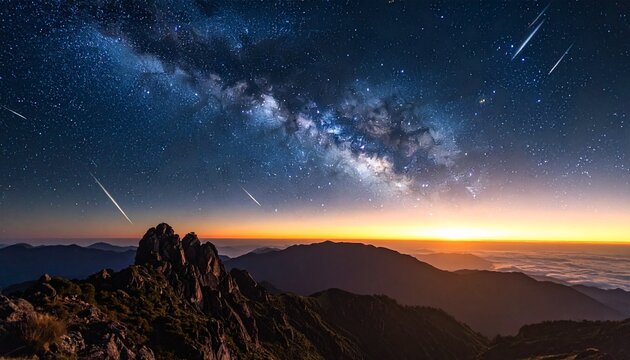 sunset with beautiful falling meteors