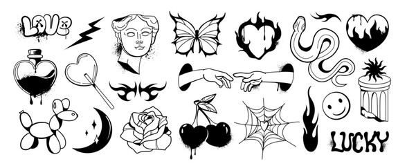 Diverse set of black ink doodle elements including symbols, objects, and faces in tattoo-style on white background. Vector illustration