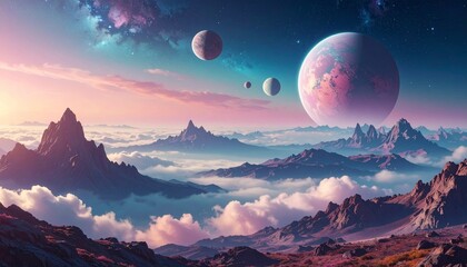 mountain landscape background with beautiful planet