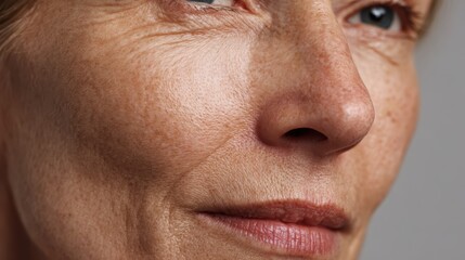 Obraz premium Close up of a mature woman's natural face, showing details of aging skin, wrinkles, and freckles, representing wisdom and real beauty over time
