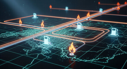 Digital representation of global energy infrastructure with gas stations and flames, highlighting supply chain risks and energy security