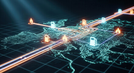 Global energy distribution visualized with glowing gas station icons and flames, illustrating supply chains and resource dynamics