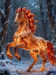 magnificent red fire horse made of fire and lava glow from within long fiery lush mane and fiery tail reared up precious sparkling bridle and harness in a fairy magical forest, snow