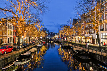 Light decorations on Spiegelgracht canal in Amsterdam, Netherlands for Christmas