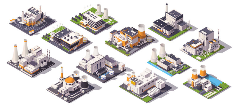 Set of various isometric industrial power plants and energy buildings in clean modern style, isolated on white background. Concept of electricity and energy infrastructure. Vector illustration