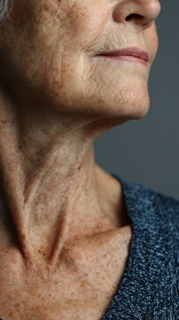 Senior woman displaying natural signs of aging on skin, showing wrinkles, age spots, and hyperpigmentation on neck and face, reflecting wisdom and the passage of time