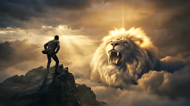 Man standing on mountain peak gazes at lion-faced sun in dramatic sky. Journey transitions to fantastical floating islands with rainbow arches and prismatic rivers. Artistic exploration of wonder and