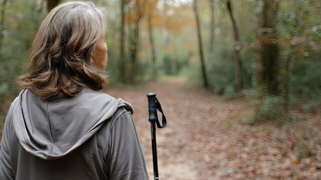 An elderly person strolls down a peaceful pathway, enjoying nature and the tranquility of a sunny day by the water