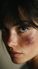 Obraz premium Young woman showing face with dark bruise and injury, suffering from domestic violence and abuse, representing trauma, pain, and a victim needing support