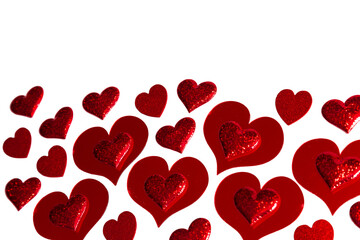 Red glitter hearts and solid hearts scattered on white background. Symbol of heartfelt emotion for Valentines Day greeting card, wedding invitation.