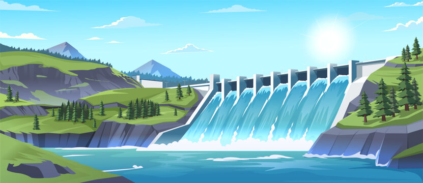 Hydroelectric dam with cascading water surrounded by mountains, pine trees, and clear blue sky. Clean energy and nature concept. Vector illustration