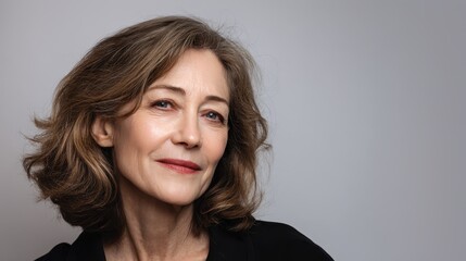 Obraz premium Mature woman expressing confidence and natural beauty, looking directly at the camera with a serene and thoughtful expression, her gracefully aging skin highlighting timeless elegance