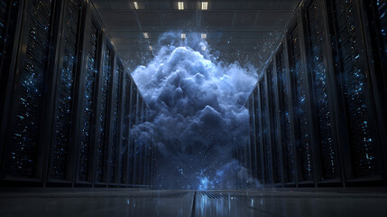  A cloud of data flowing into AI servers at a data center 