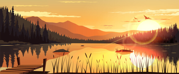 Peaceful lake scene at sunset with pine trees, mountains, birds, and a wooden dock in a flat graphic style on a natural background. Vector illustration