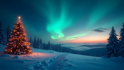 Christmas Tree Under Aurora Borealis.