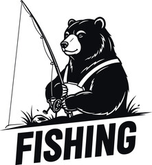 Black bear holding fishing rod and reel with fishing text bear, black bear, fishing, fishing rod, reel, fishing line, grass, sitting, smiling, monochrome, wildlife, outdoors, recreation, leisure, anim