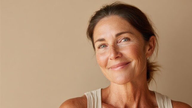 Mature woman with a radiant smile and natural look, proudly showing her freckles and wrinkles, representing authenticity, healthy skin, and a positive outlook on aging