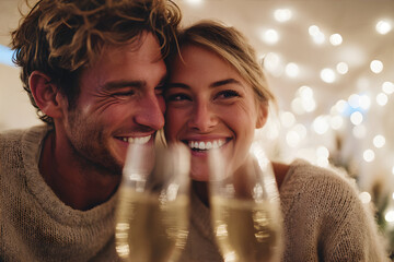 Cheerful man and woman toasting champagne. Couple celebrating special occasion. Happy Holiday, New Year, Christmas, Valentines Day. Romantic moment concept.