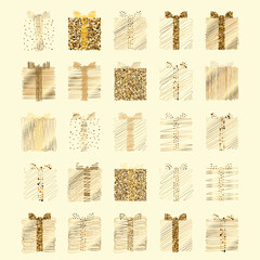 Isolated Golden Gift Boxes Vector Set ,Scrbble, Dotted