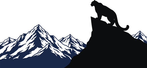 Black cat on mountain peak with snow capped mountains cat, black cat, mountain, snow capped mountain, peak, silhouette, white background, blue and white mountains, feline, animal, landscape, nature, m